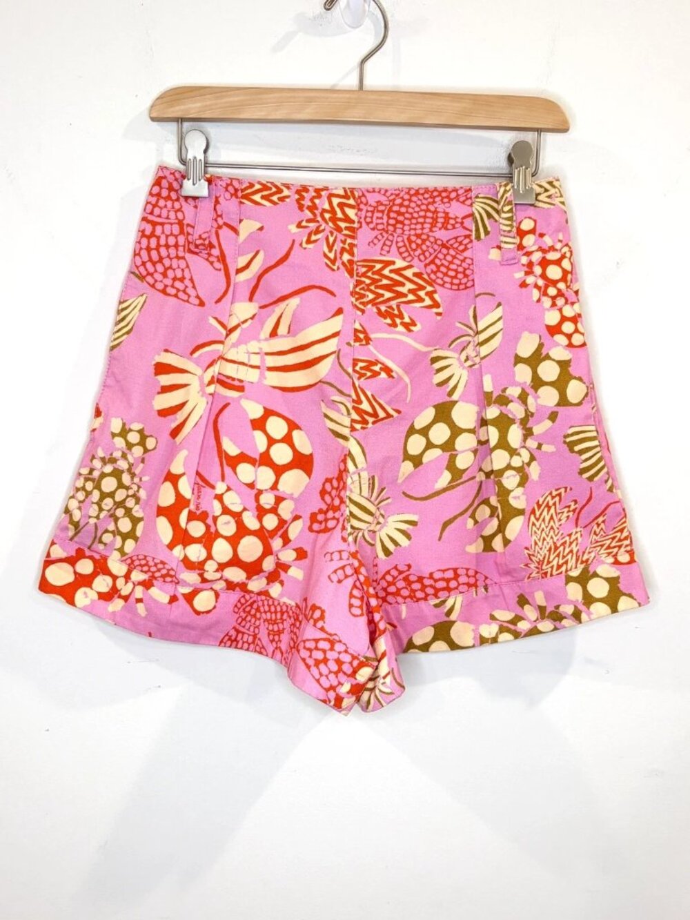 Farm Rio Mixed Lobster Belted Shorts Sz S Pink Pleated High Waist Tropical Beach - Picture 6 of 16